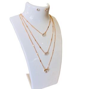 Jewelry set necklace and stud earrings layered rhinestones gold tone